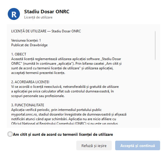 Stadiu Dosar ONRC – licența de utilizare