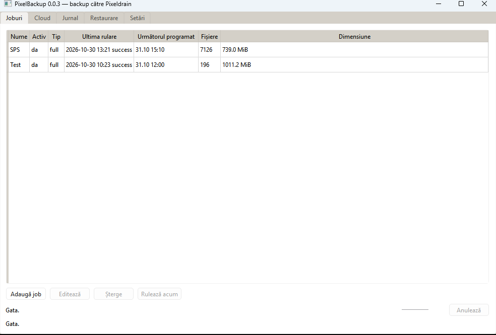 PixelBackup – fereastra principală cu lista de joburi de backup